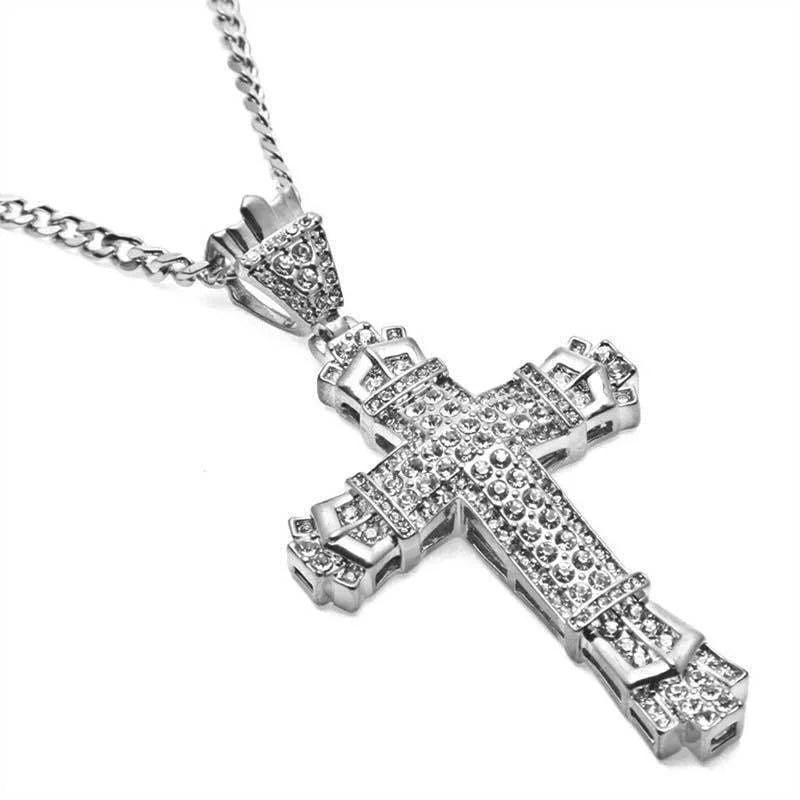 1 Simple Style MEN'S Rhinestone Christian Cross Rhinestone Pendant Necklace Personality Fashion Street Domineering Chain Jewelry TAVEN System LLC