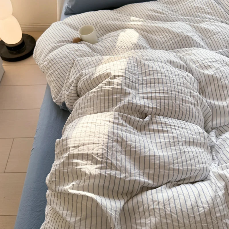 Soft Washed Cotton Bedding Set Striped Style Duvet Cover Sets with Quilt Cover Bedsheet Pillowcase 100% Cotton Bed Sheet Sets TAVEN System LLC