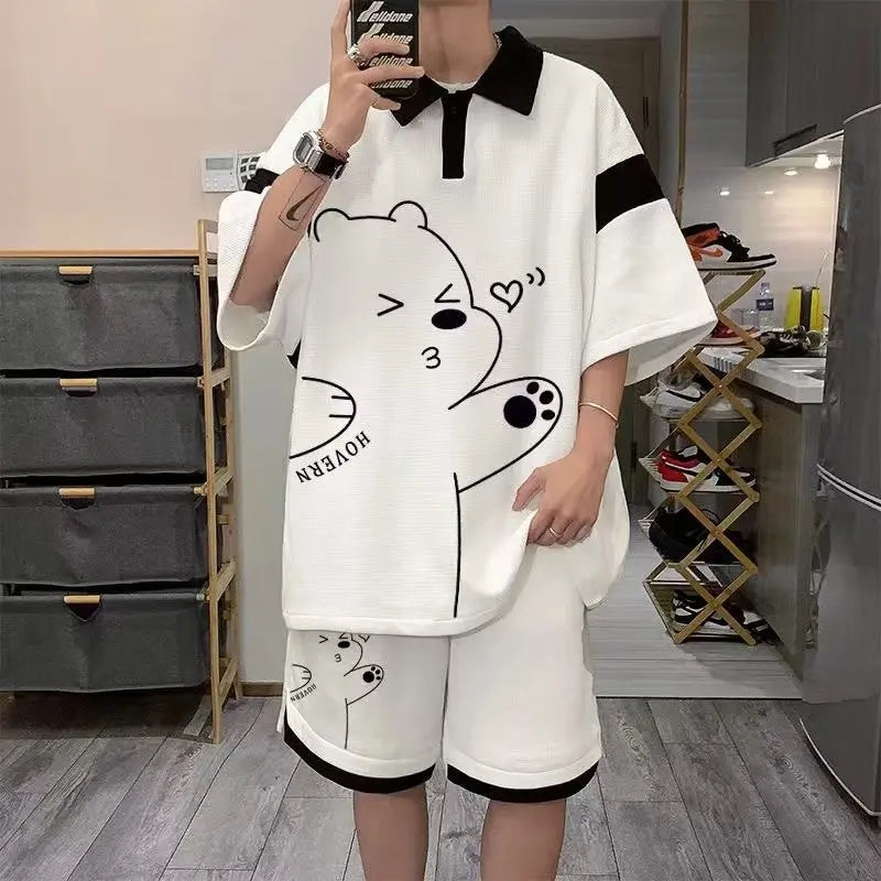 Men Summer Cartoon Bear Print Waffle Shorts Set Casual Streetwear Outfit