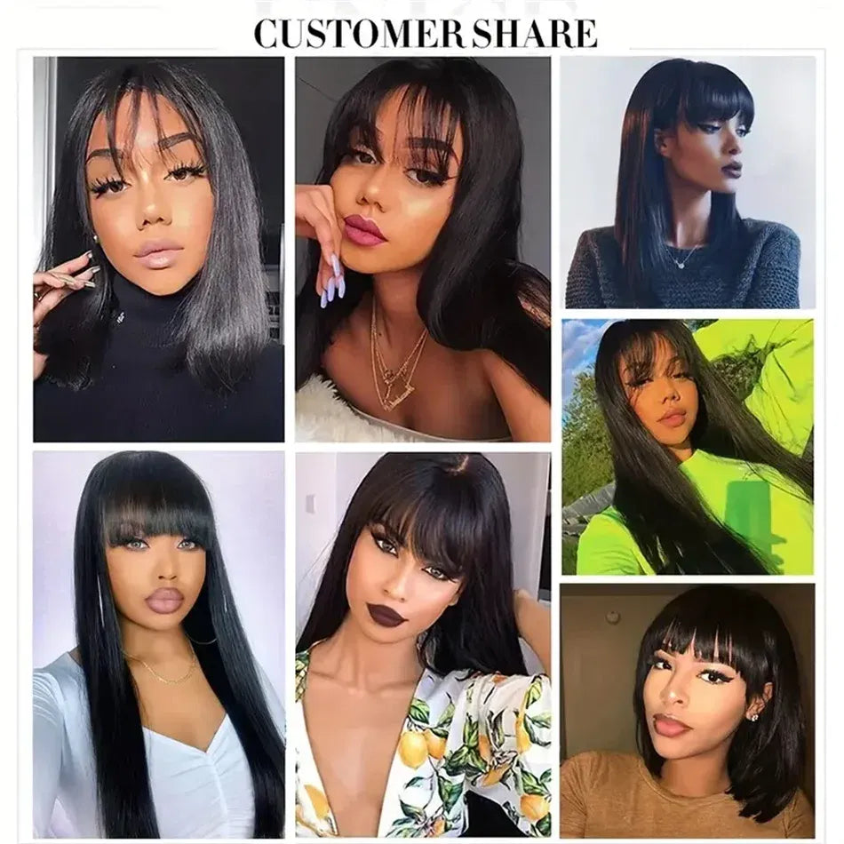 Stretched Length: 28inches, Density: 180% - Silky Wig Human Hair Full Machine Made Straight 100% Human Hair Wigs With Bangs For Women Brazilian Cheap Wig On Sale Clearance Taven