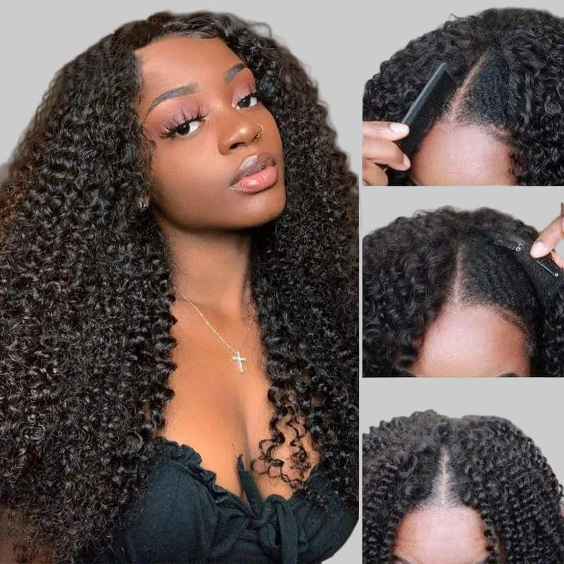 Kinky Curly V Part Indian Remy Human Hair Wig Long