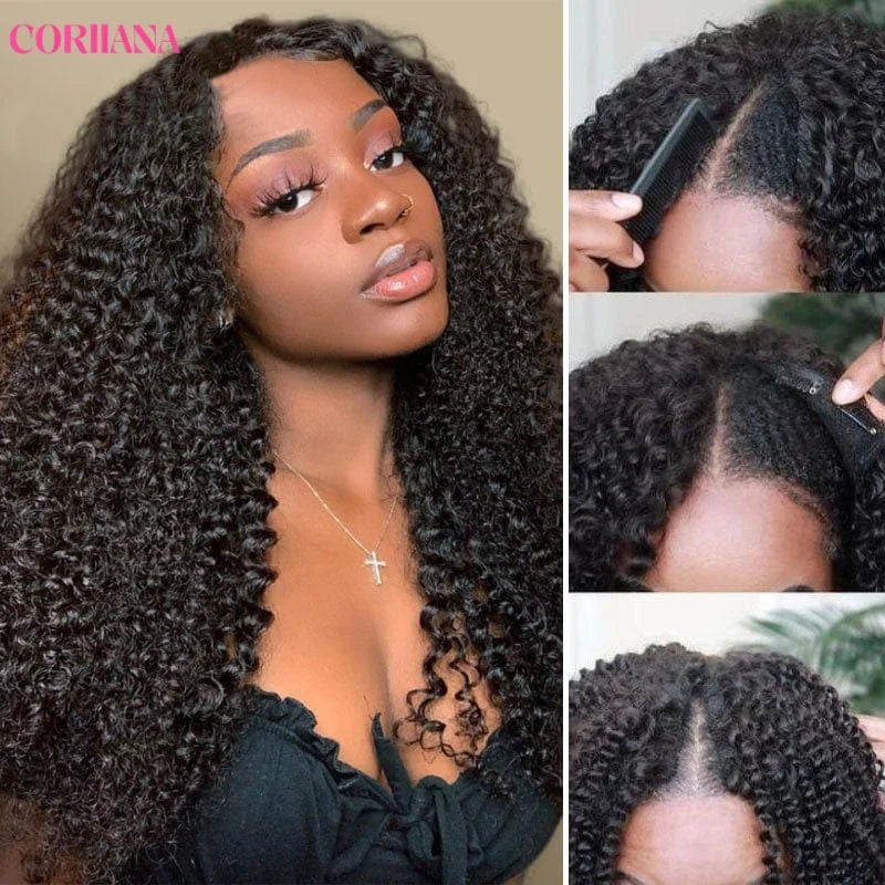 Kinky Curly V Part Human Hair Wig Glueless Clip