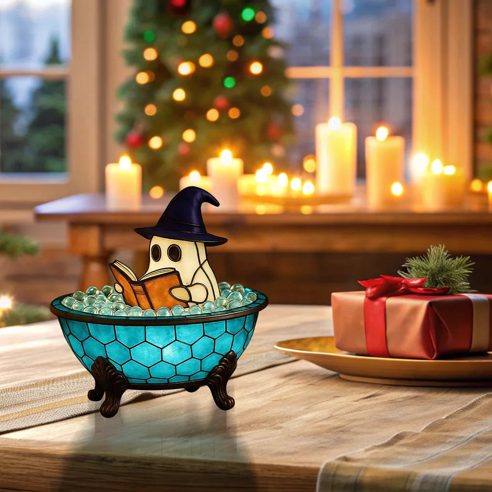 Halloween Ghost Bathtub Reading Book Table Lamp Tiffany Stained Glass Night Light Cute Spooky Ghost in Bubble Bowl Decor Lamp for Bedroom Living Room Holiday Home Decor Gift TAVEN System LLC