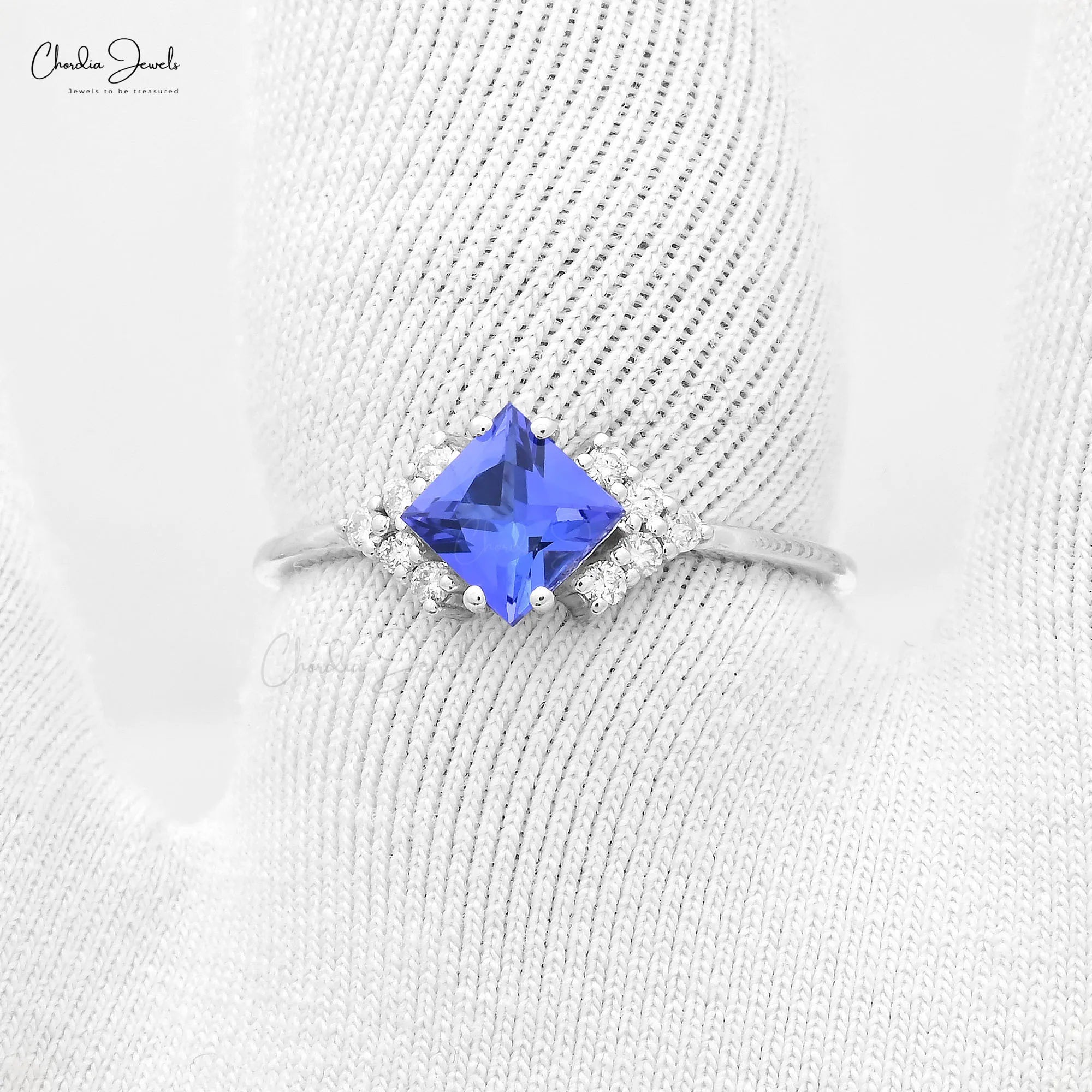 Trending Products 5mm Square Cut Tanzanite & Diamond Half Halo Ring With 14k White Gold Engagement Ring From Verified Supplier TAVEN System LLC