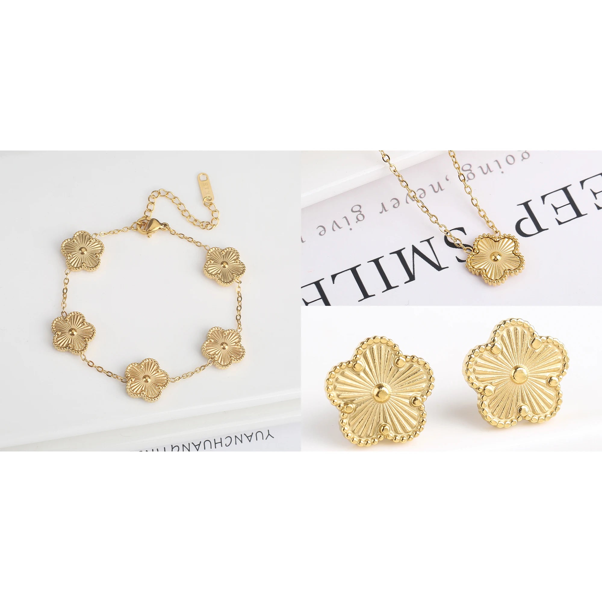 Simple 316L Stainless Steel Flower Five Leaf Necklace Bracelet Earrings 18K Gold Plated Jewelry Set for Women Girl Gift Clover TAVEN System LLC