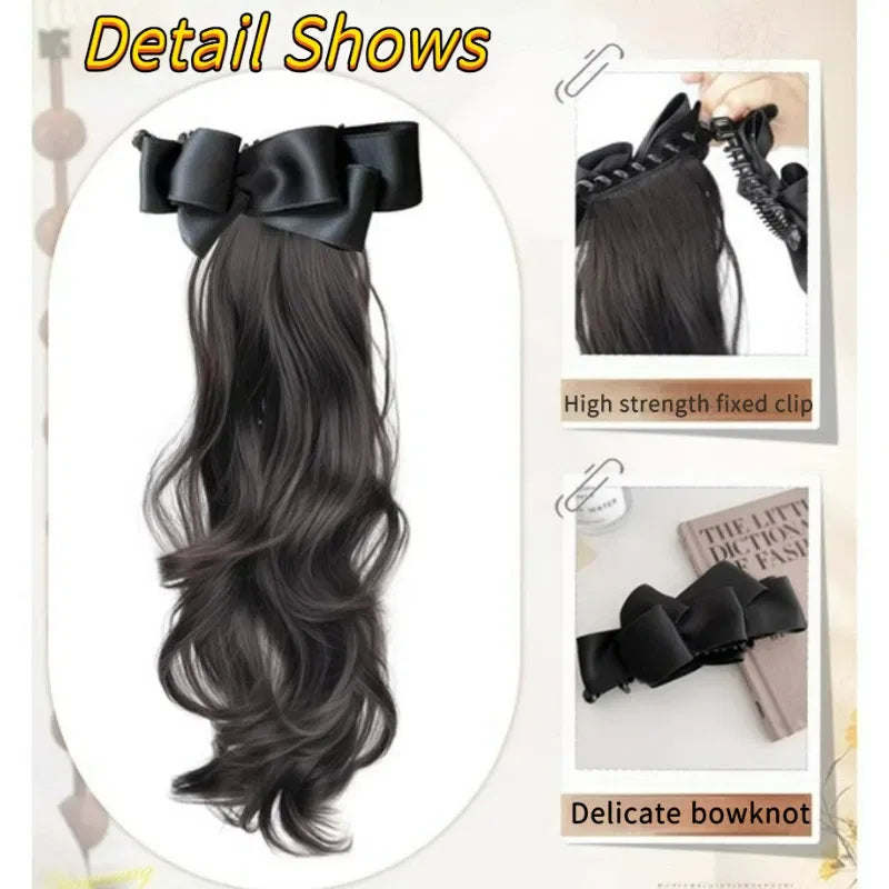 Color: #2, Stretched Length: 18inches - Elegant Synthetic Silk Bowknot Banana Claw Clip Ponytail Wig With Grab Clip Long Wavy Layered Ponytail for Women Daily Use Taven