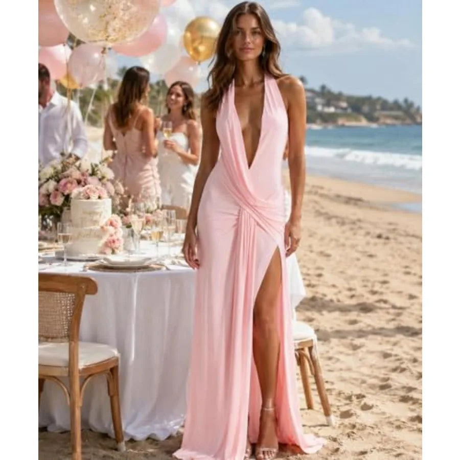 Women Deep V Neck Halter Maxi Dress Backless Ruched High Split Cocktail Party Formal Prom Gown Wedding Guest Dress TAVEN System LLC