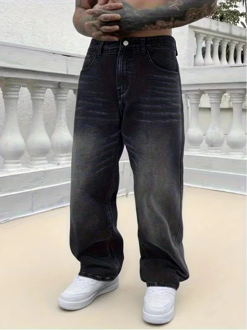 Men's loose wide-leg jeans, black washed non-stretch denim pants, multi-pocket design, suitable for daily casual wear. TAVEN System LLC