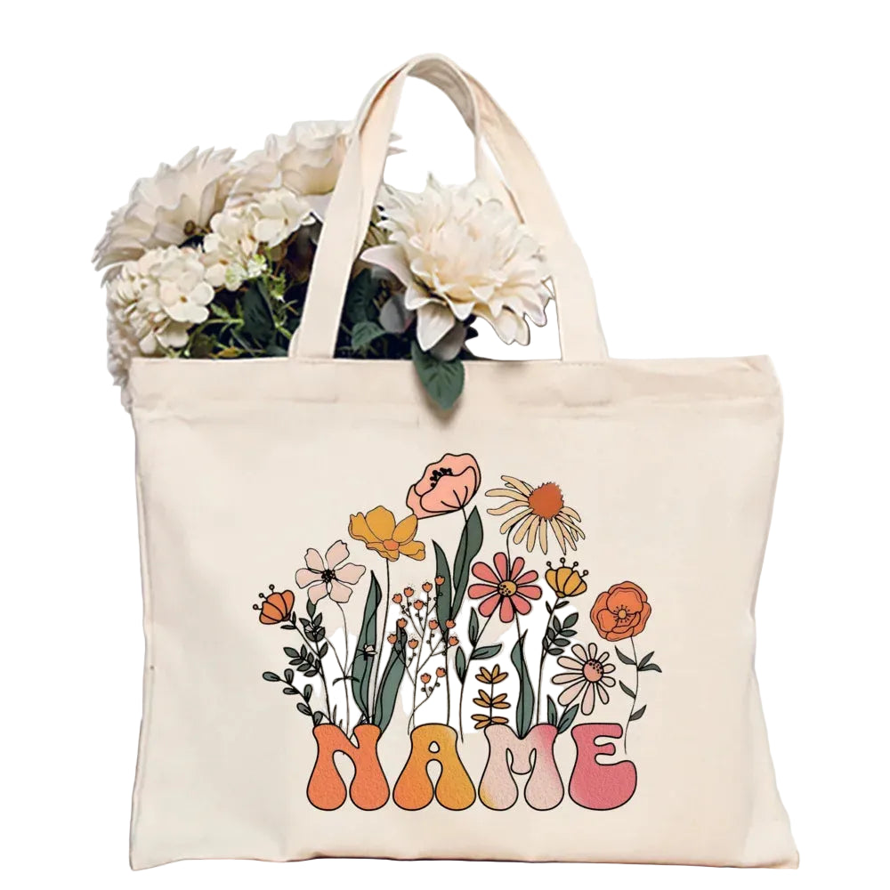 Personalized Flower Name Canvas Tote Bag Women Shoulder Shopper TAVEN System LLC