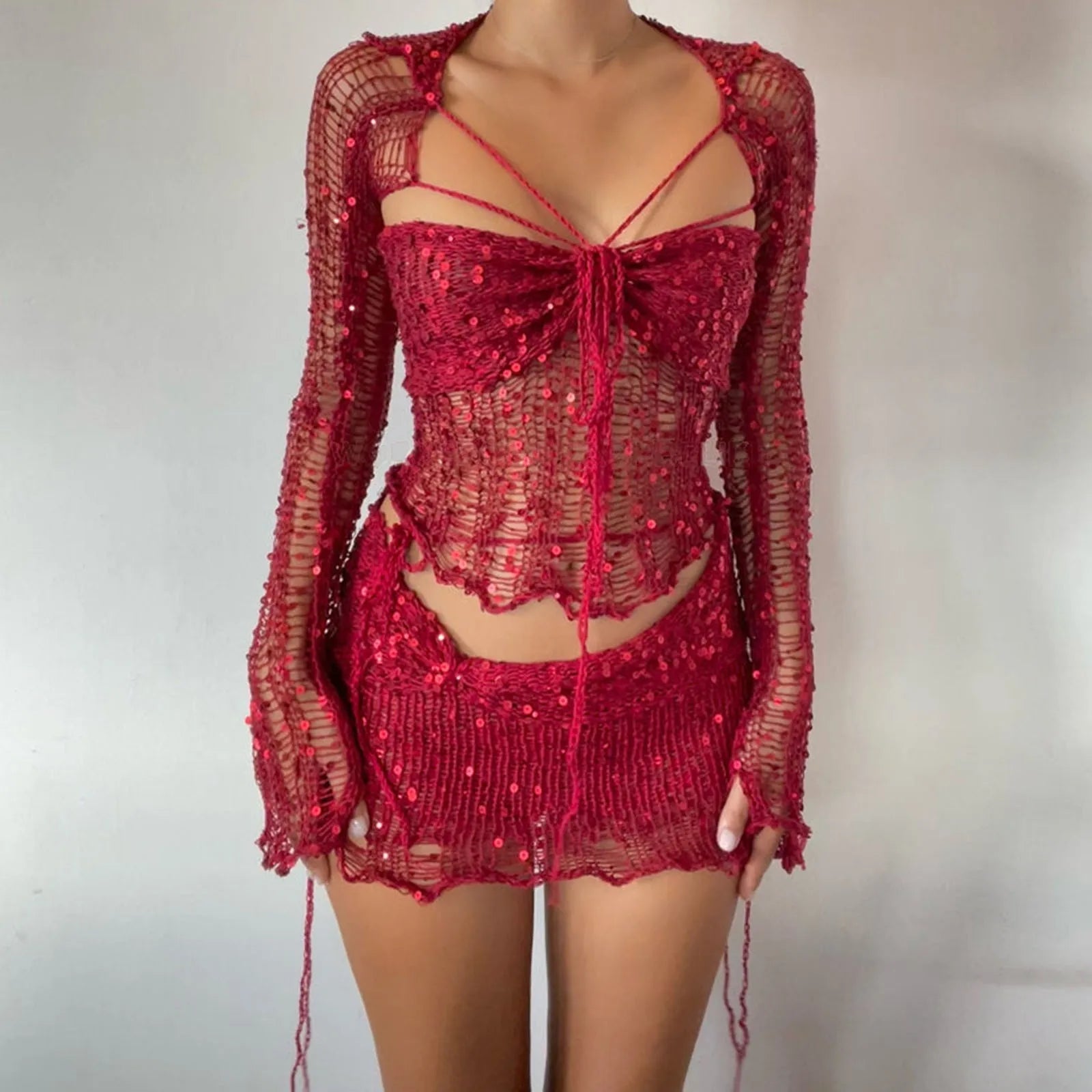 Glitter Sequins Knitted Skirt Sets Women Fashion Hollow Sequins Bandage Tube Top Mini Skirts 3 Piece Outfit Vacation Clothing TAVEN System LLC