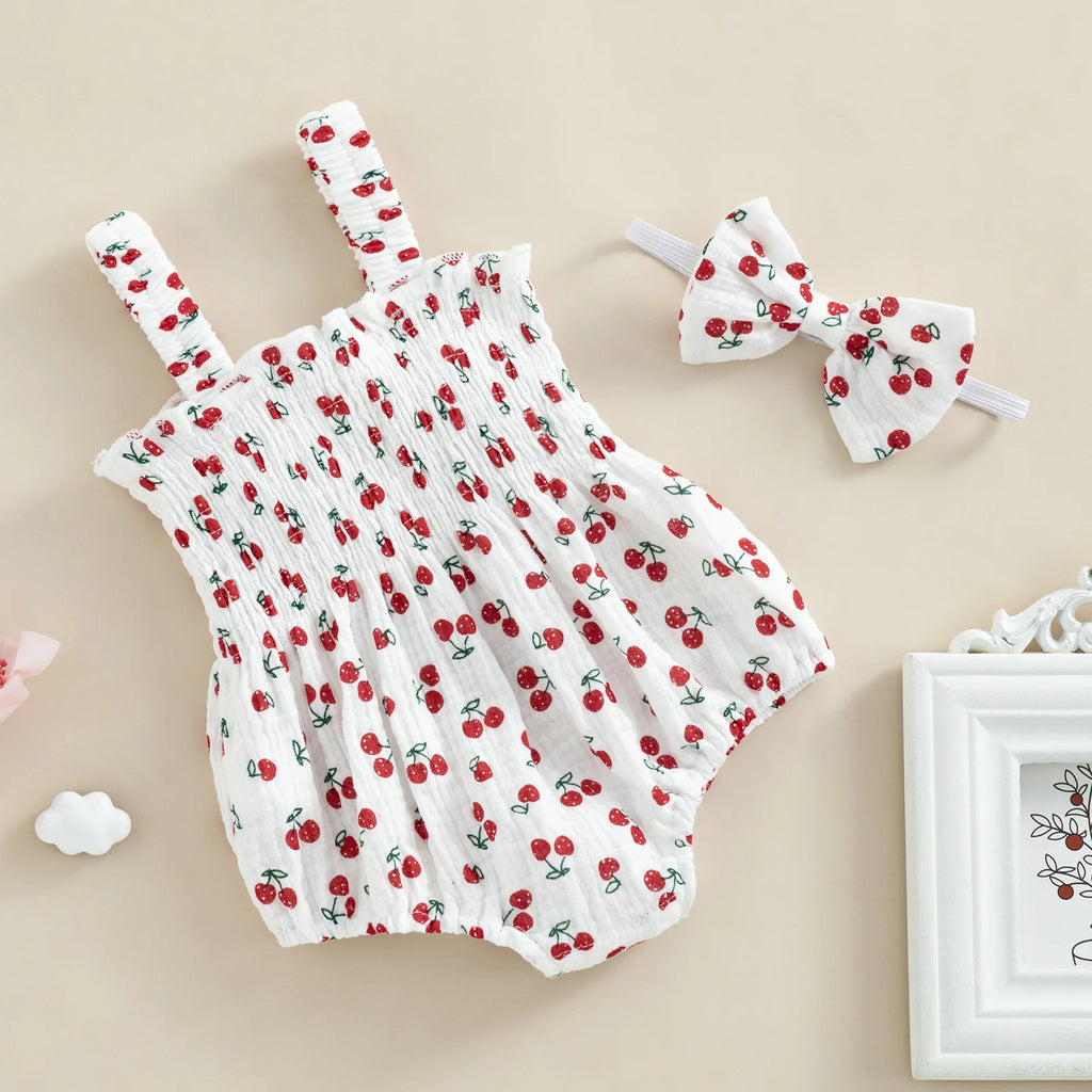 Baby Girl Cherry Print Romper with Matching Headband Summer Set