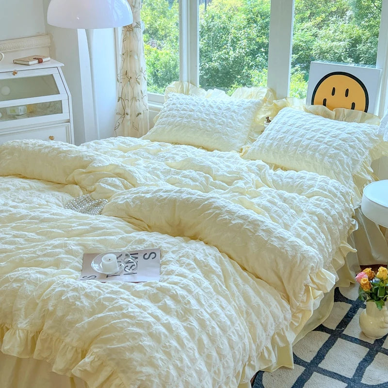 Korean Princess Style Lace Ruffles Bedding Set Skin-friendly Soft Seersucker Duvet Cover Set Bed Sheet Or Bed Skirt Pillowcases TAVEN System LLC