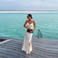 Women Satin V Neck Backless Maxi Dress High Split Beach Vacation Dress TAVEN System LLC