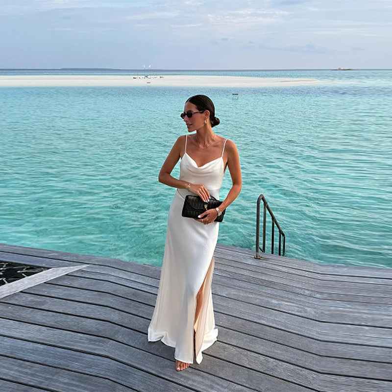 Women Satin V Neck Backless Maxi Dress High Split Beach Vacation Dress TAVEN System LLC