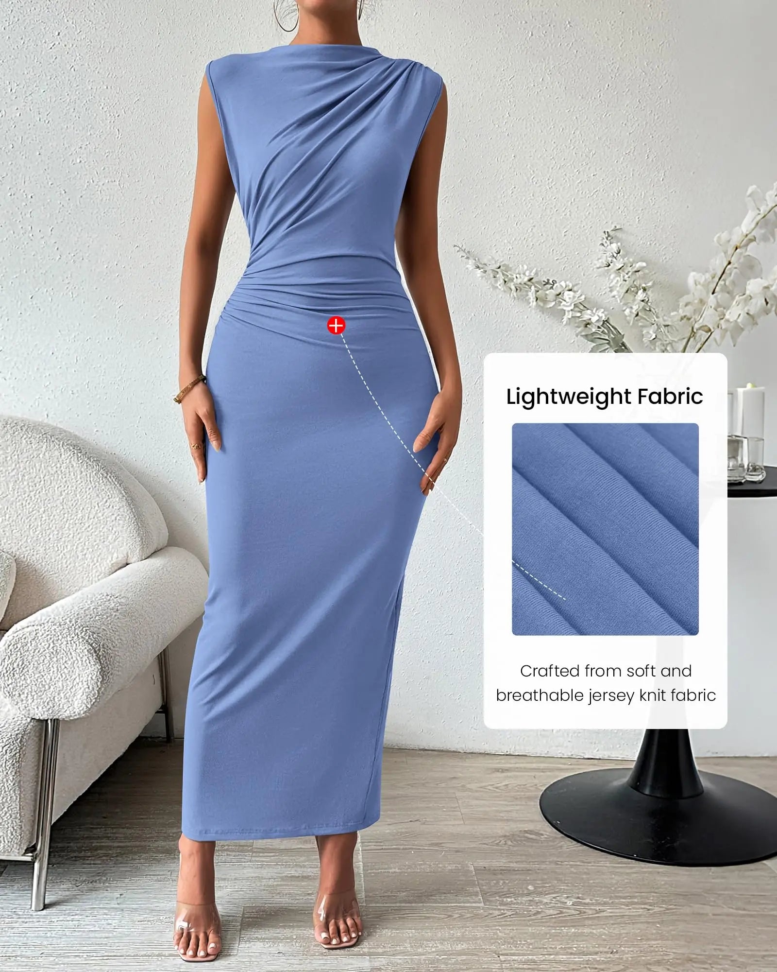 Women Ruched Bodycon Maxi Dress Sleeveless Elegant Cocktail Dress