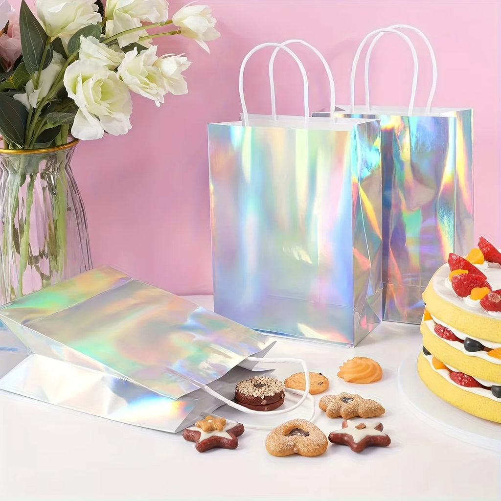 15pcs Reusable Laser Iridescent Holographic Glossy Paper Gift Bags with Sturdy Handles - Rainbow Gradient Colors for Graduation, Wedding, Baby Shower, Birthday, Disco Party - Goodie Bags Bulk Pack, Reusable Gift Bags, Event F TAVEN System LLC
