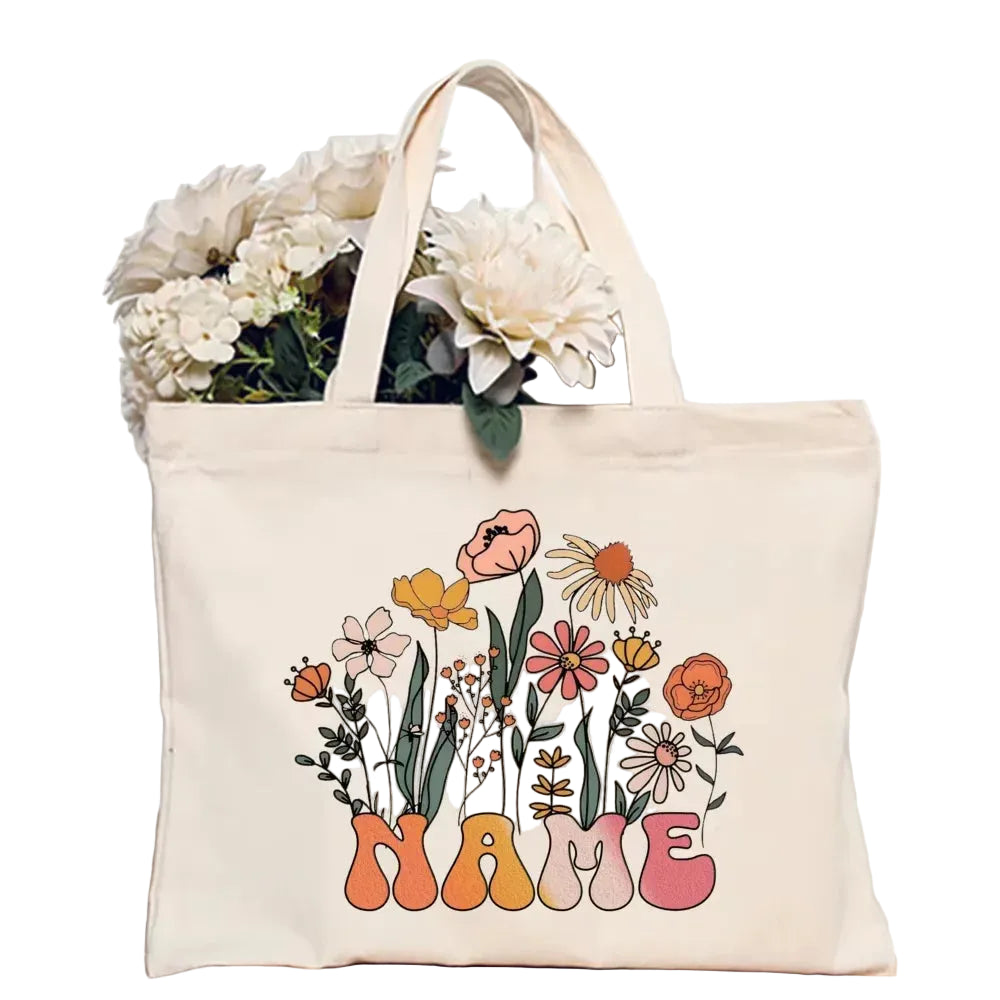 Personalized Flower Name Canvas Tote Bag Women Shoulder Shopper TAVEN System LLC
