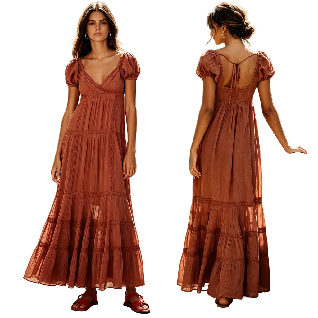 Women V Neck Lace Puff Sleeve Maxi Dress Flowy Elegant Party Gown
