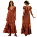 Women V Neck Lace Puff Sleeve Maxi Dress Flowy Elegant Party Gown