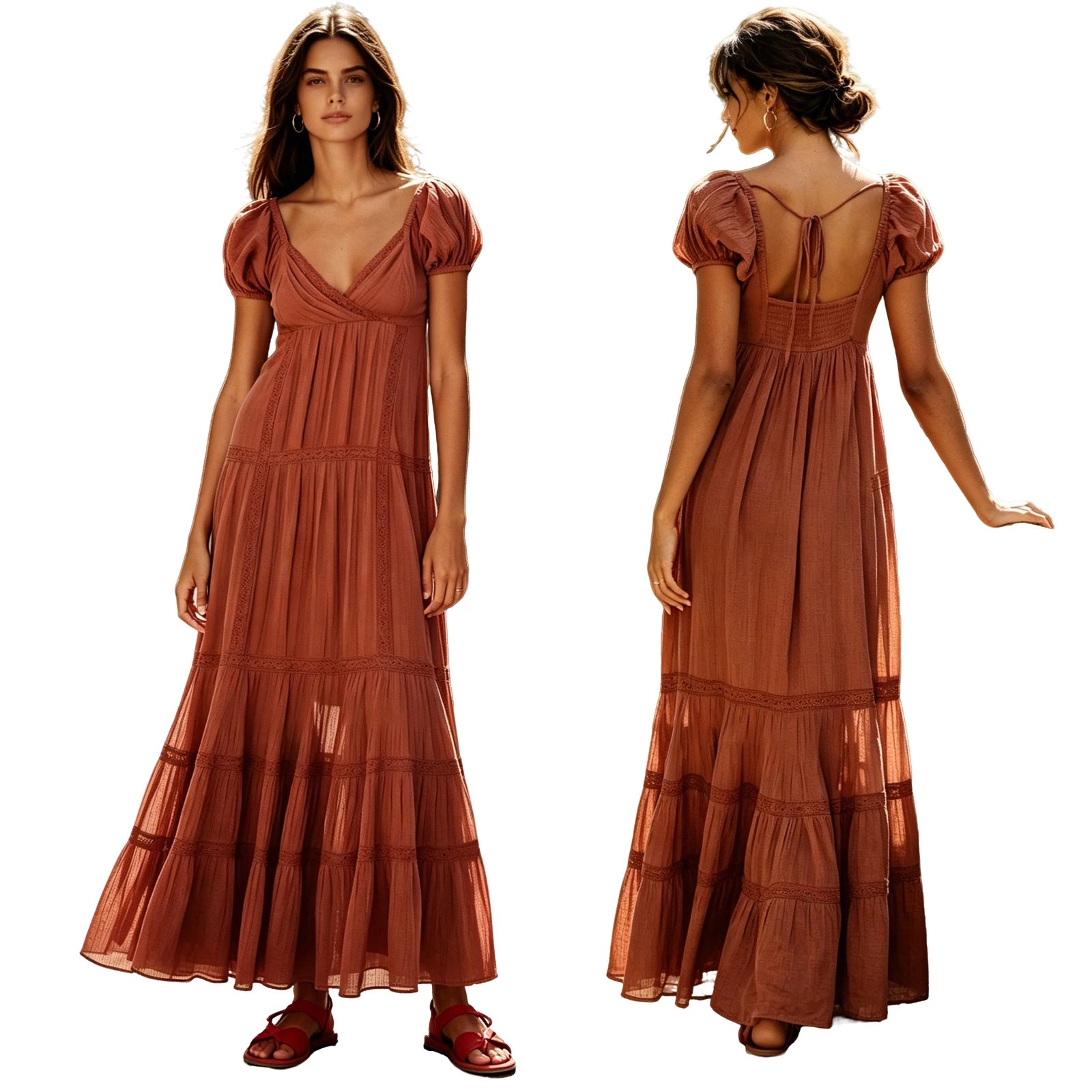 Women V Neck Lace Puff Sleeve Maxi Dress Flowy Elegant Party Gown