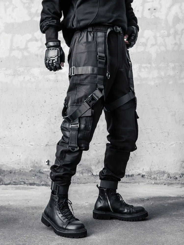 Men Hip Hop Punk Cargo Pants Techwear Ribbon Tactical Casual Pants TAVEN System LLC