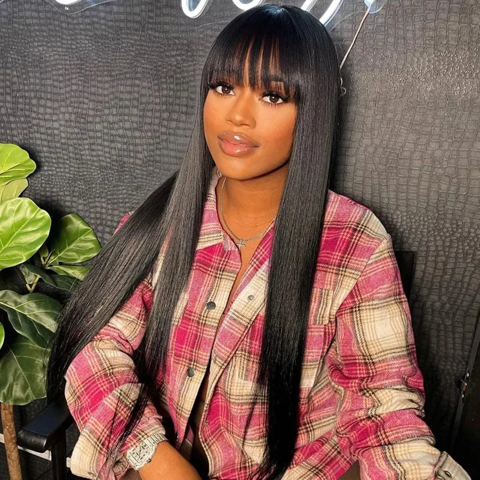 Stretched Length: 28inches, Density: 180% - Silky Wig Human Hair Full Machine Made Straight 100% Human Hair Wigs With Bangs For Women Brazilian Cheap Wig On Sale Clearance Taven