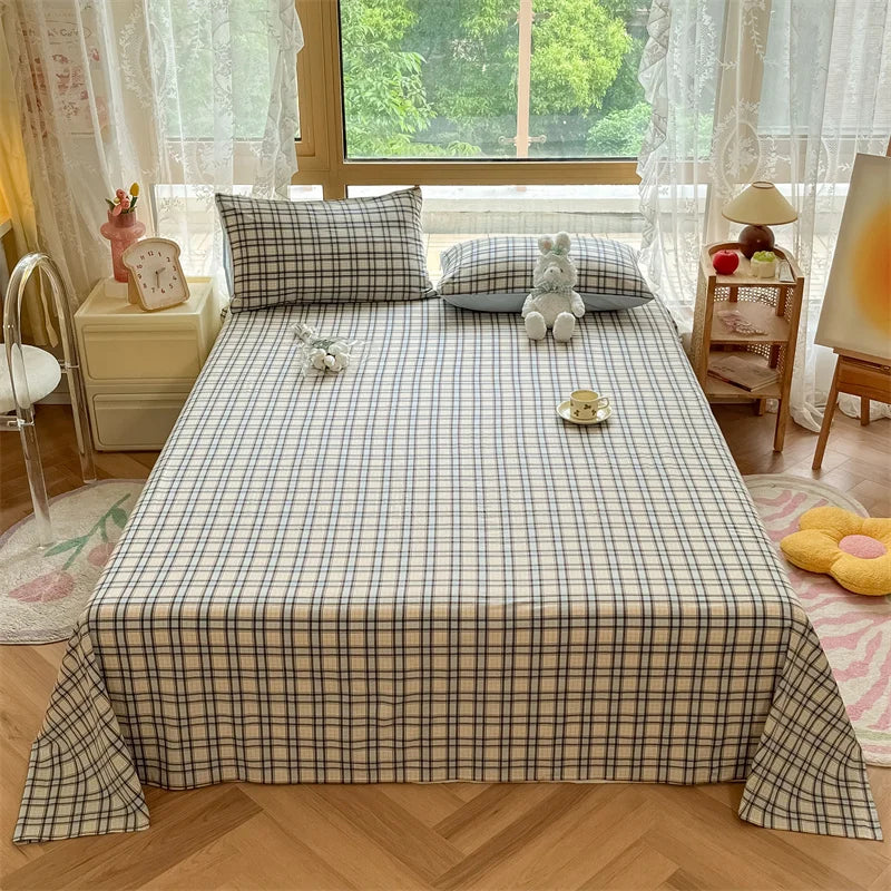 Japanese Style 100% Cotton Plaid Bed Sheet Soft Skin Friendly Flat Sheet or Sheet and Pillowcases Set Queen King Size Bedspreads TAVEN System LLC