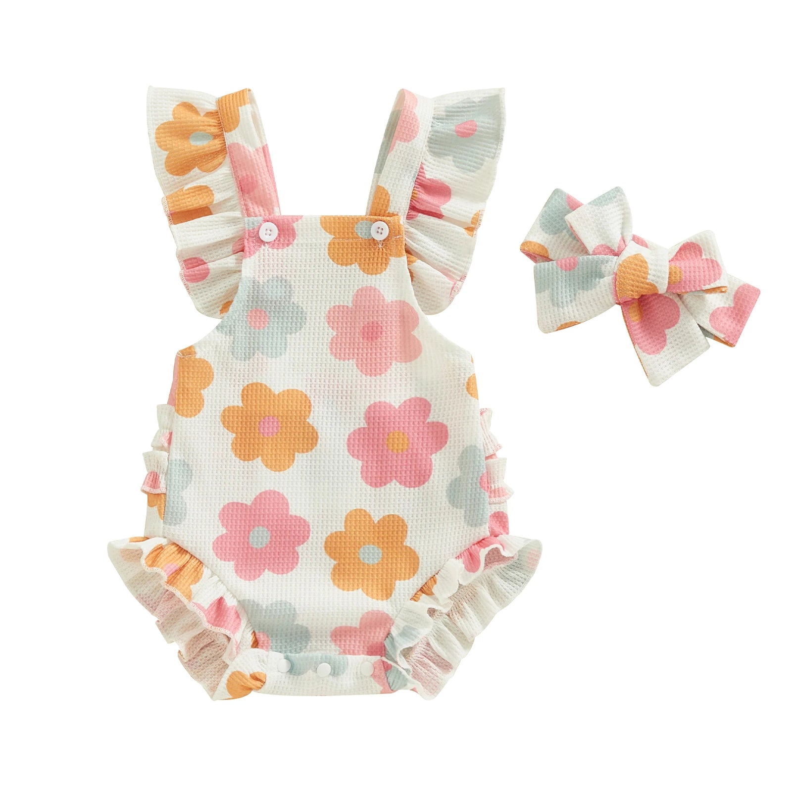 Baby Girl Floral Print Romper with Matching Headband Summer Set
