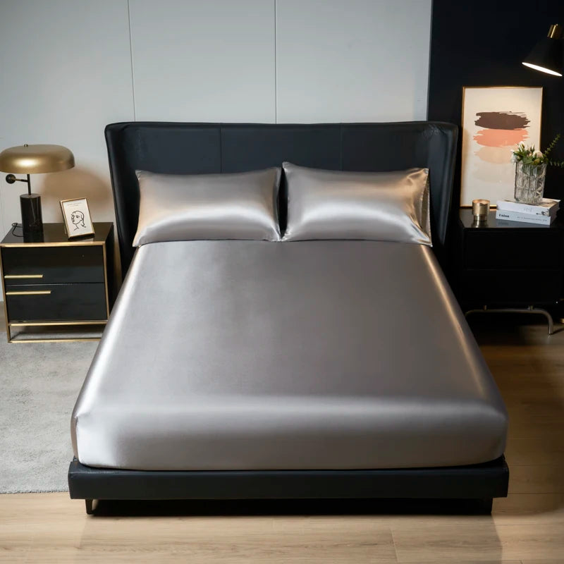 1/3Pc Satin Fitted Sheet Solid Colour Single Twin Full Queen King Ice Silk Mattress Cover Natural With Elastic Band Bed Sheet TAVEN System LLC