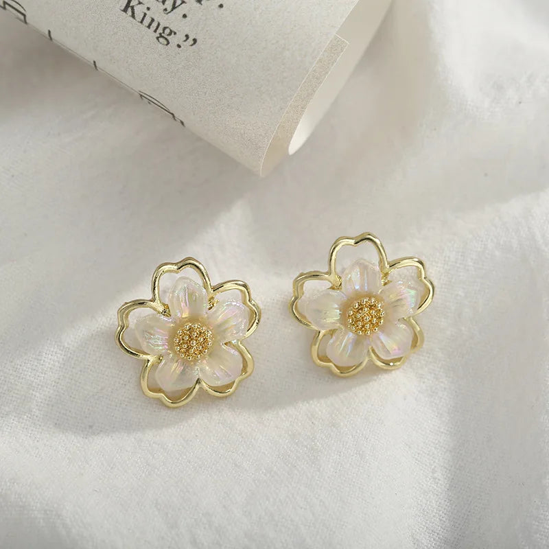 Cute Small White Flower Earrings for Women Party Golden Acrylic Plant Floral Stud Earrings Wedding Party Elegant Korean Jewelry TAVEN System LLC