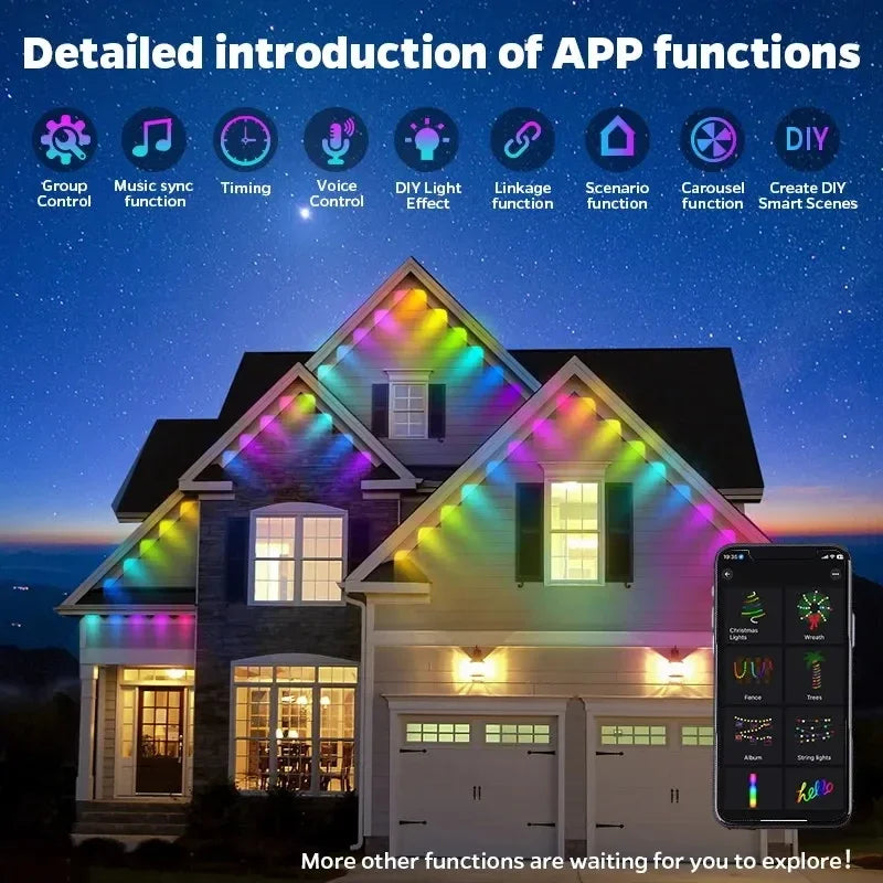 MIMIRGB Eaves Lights Permanent Outdoor LED Light String Strip APP Smart DlY Auto Scene Lighting Effects Christmas Holidays Decor TAVEN System LLC
