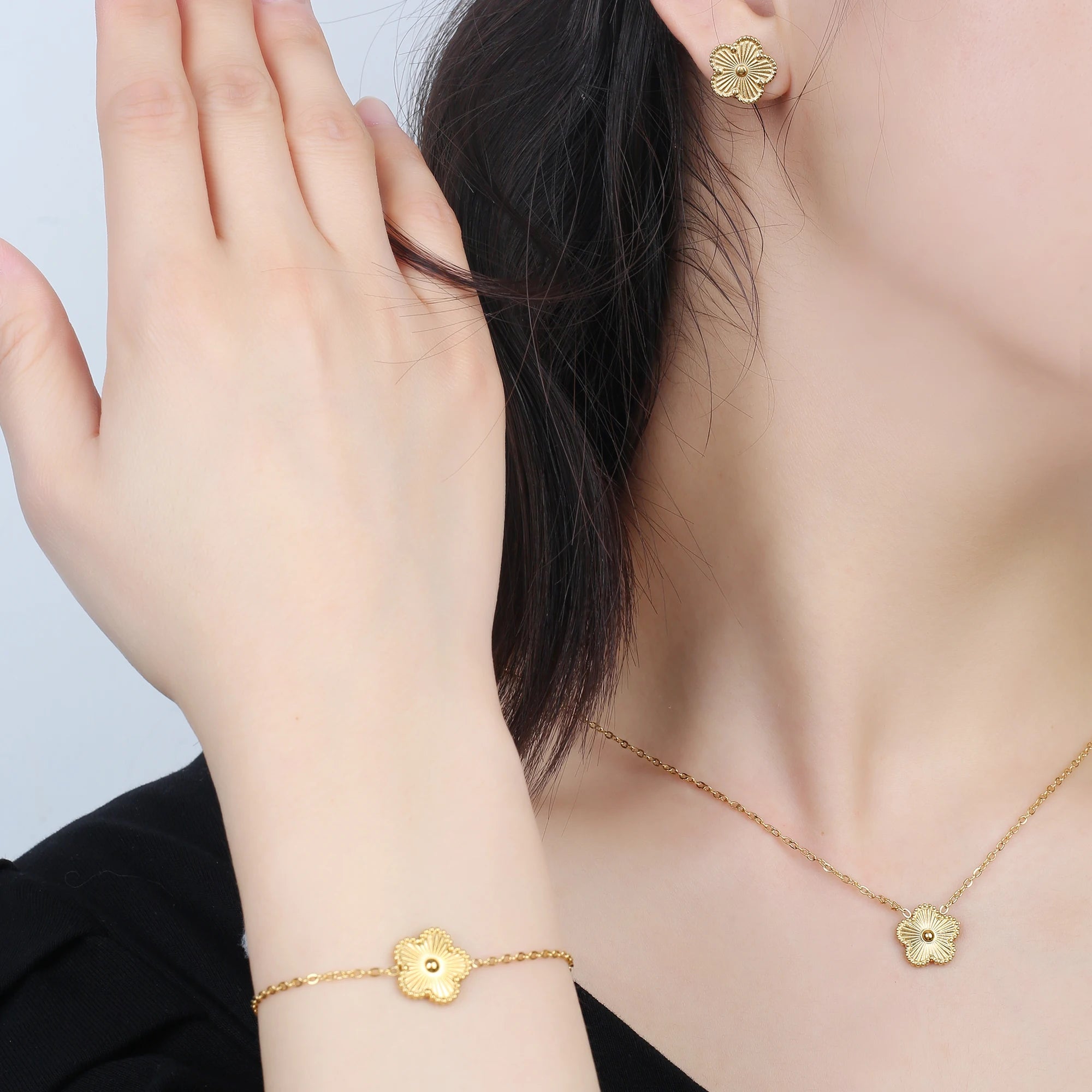 Simple 316L Stainless Steel Flower Five Leaf Necklace Bracelet Earrings 18K Gold Plated Jewelry Set for Women Girl Gift Clover TAVEN System LLC