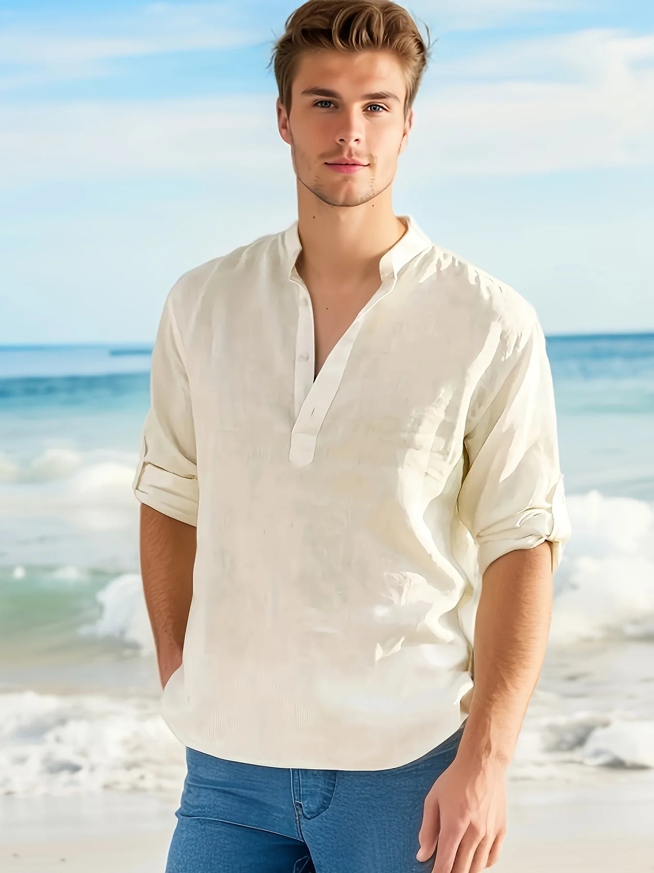Men's Linen Stand Collar Long Sleeve Casual Cotton Shirt TAVEN System LLC