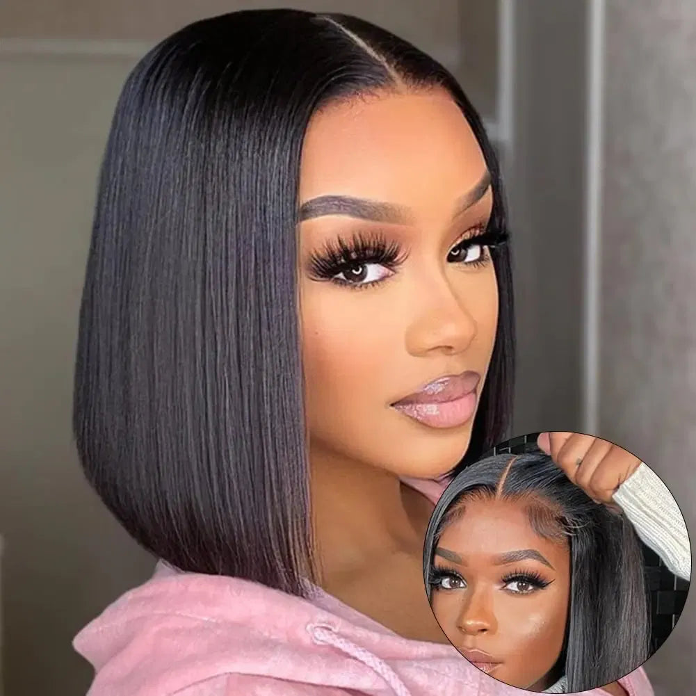 Hair Color: #1B, Ships From: CHINA, Stretched Length: 14inches, Density: 180% - Wear And Go Glueless Bob Wig Human Hair 7x5 HD Lace Closure Human Hair Pre Plucked  No Glue Pre Cut Ready To Wear Frontal Wig Taven
