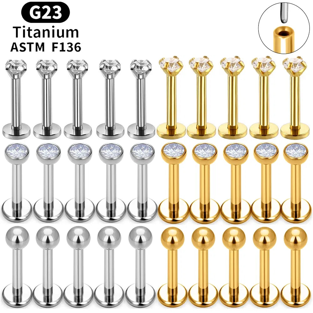 Metal color: Gold-color, Ships From: CHINA, Main Stone Color: Pink - 10PCS ASTM F136 G23 Titanium Piercing Labret Lip Ring Stud Earring CZ Ear Tragus Cartilage Helix Daith Pierc Jewelry 16/18/20g Taven