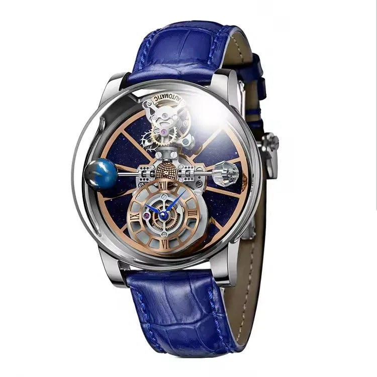 PINDU Design Man Wristwatch Transparent Hollow Design Celestial Roulette Quartz Watches Water Resistant Leather Men's Watch Box - TAVEN System LLC