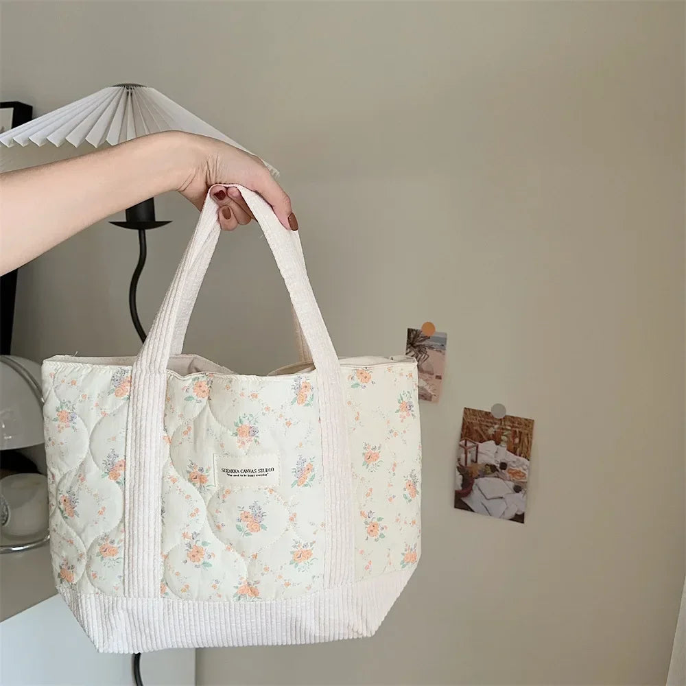 Women Floral Patchwork Tote Bag Retro Cotton Shoulder Shopper Bag