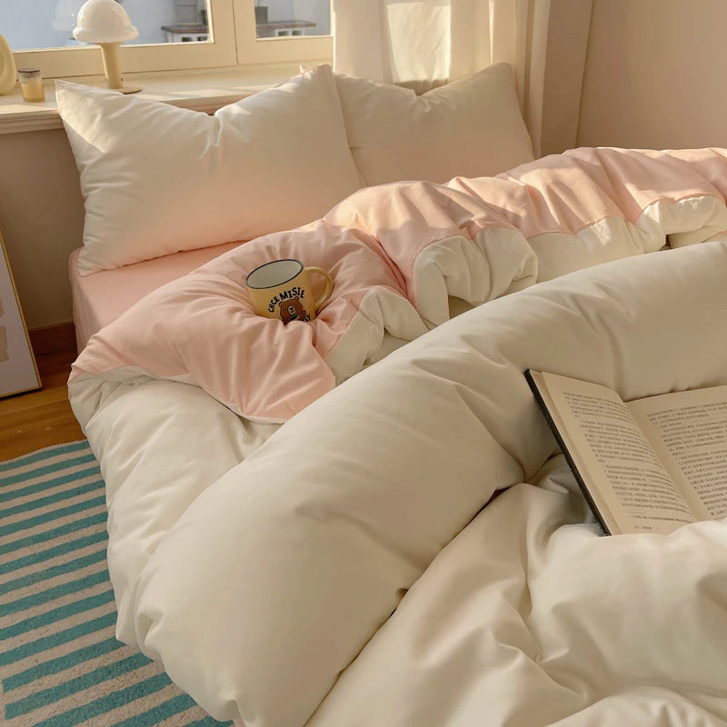 Cotton Bedding Set 4pcs with Solid Bed Sheet Duvet Cover Pillowcases Single Couple Bedsheet King Queen Double Twin Size TAVEN System LLC