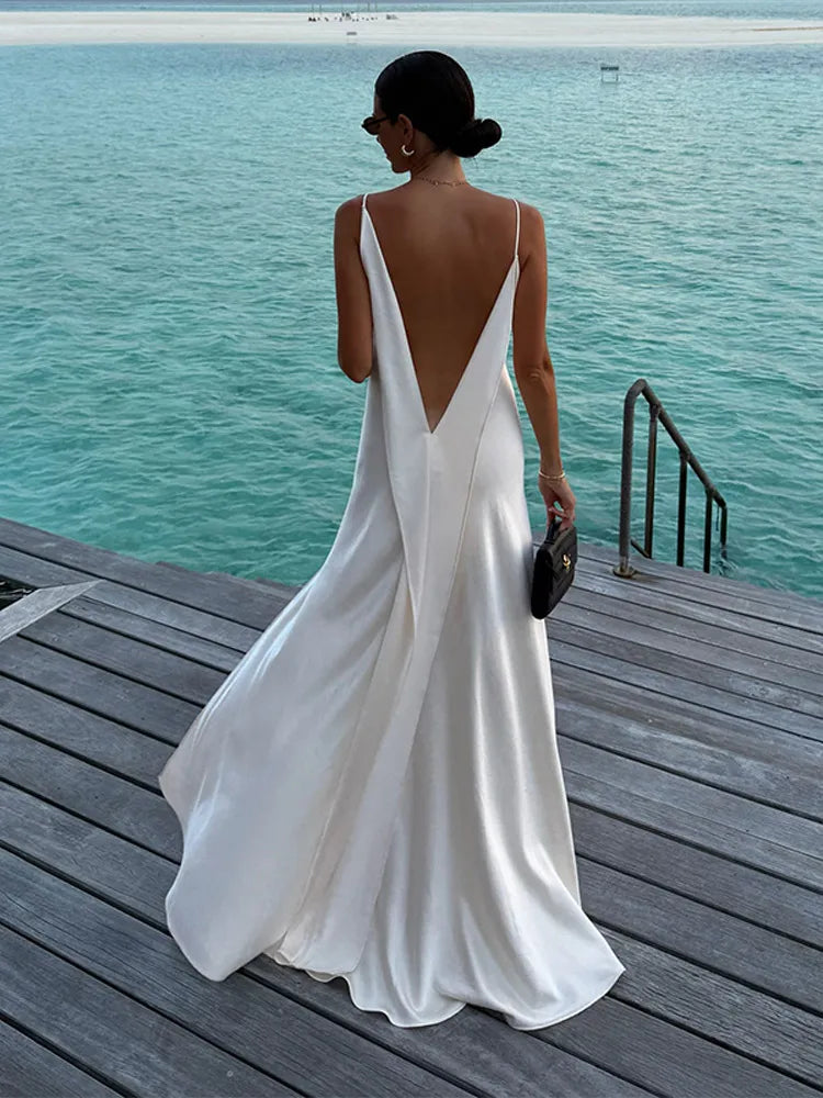 Women Satin V Neck Backless Maxi Dress High Split Beach Vacation Dress TAVEN System LLC