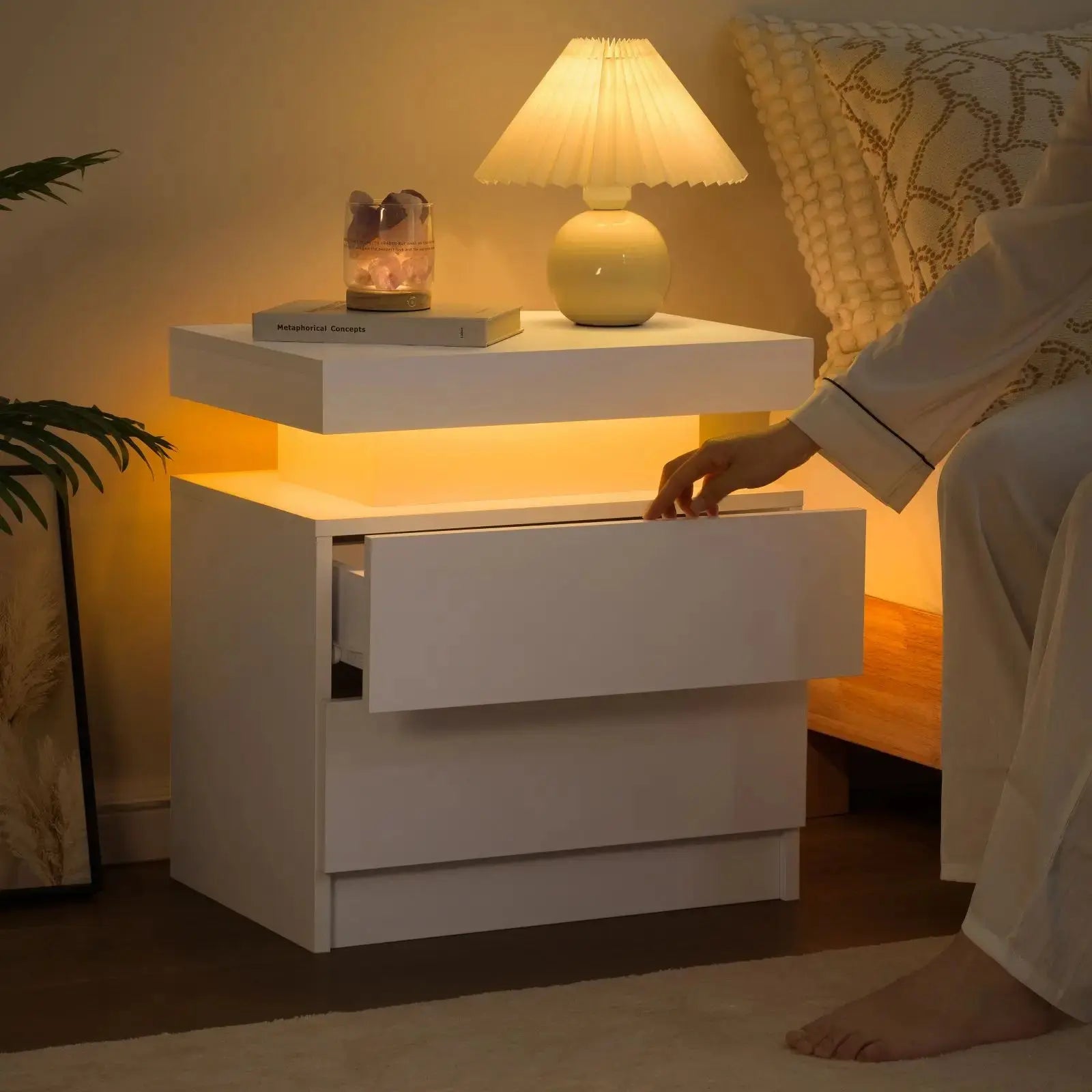 RGB Bedside White Table With 2 Drawers Cubehom LED Nightstand TAVEN System LLC