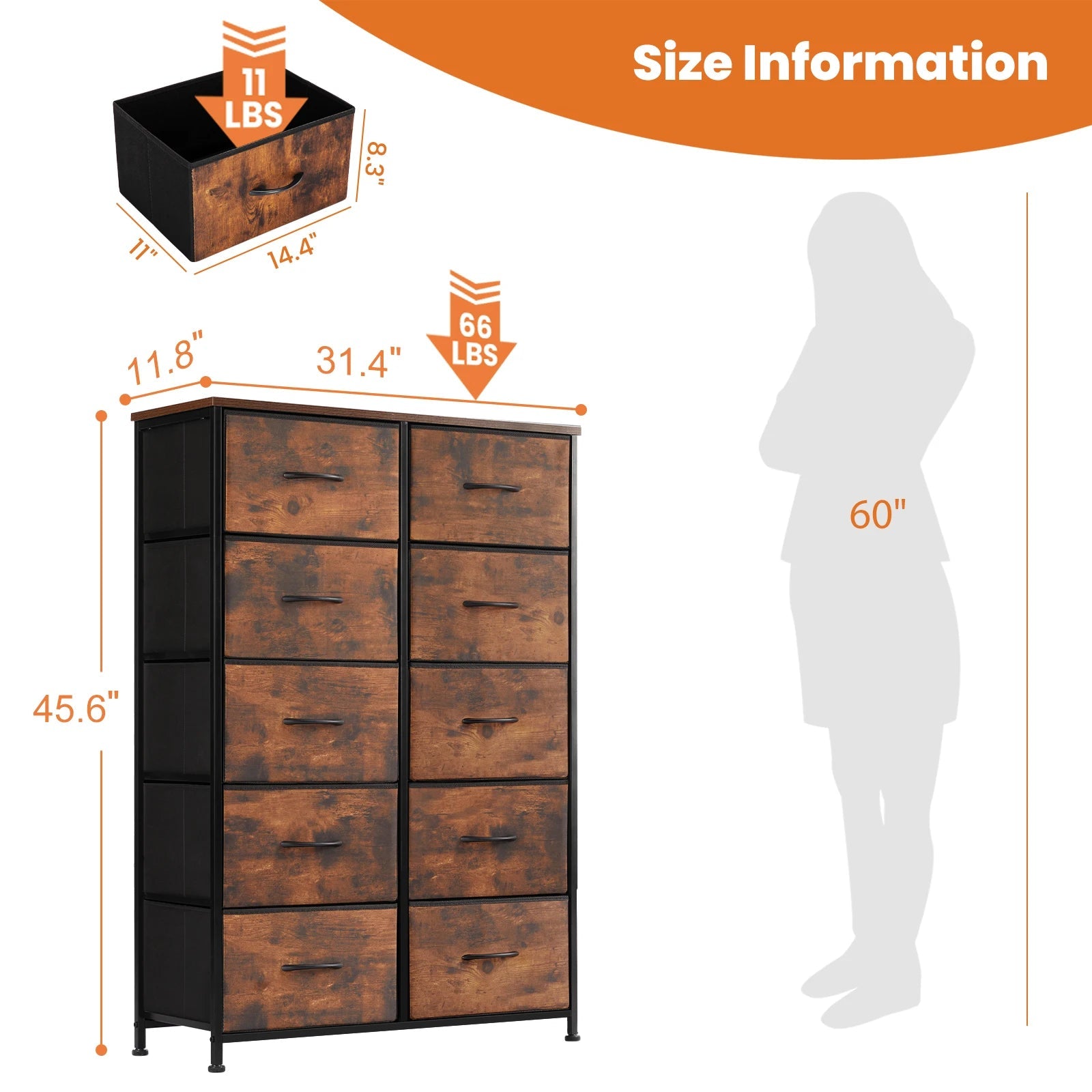 JHK 10 Drawer Fabric Dresser Storage Cabinet with Steel Frame TAVEN System LLC