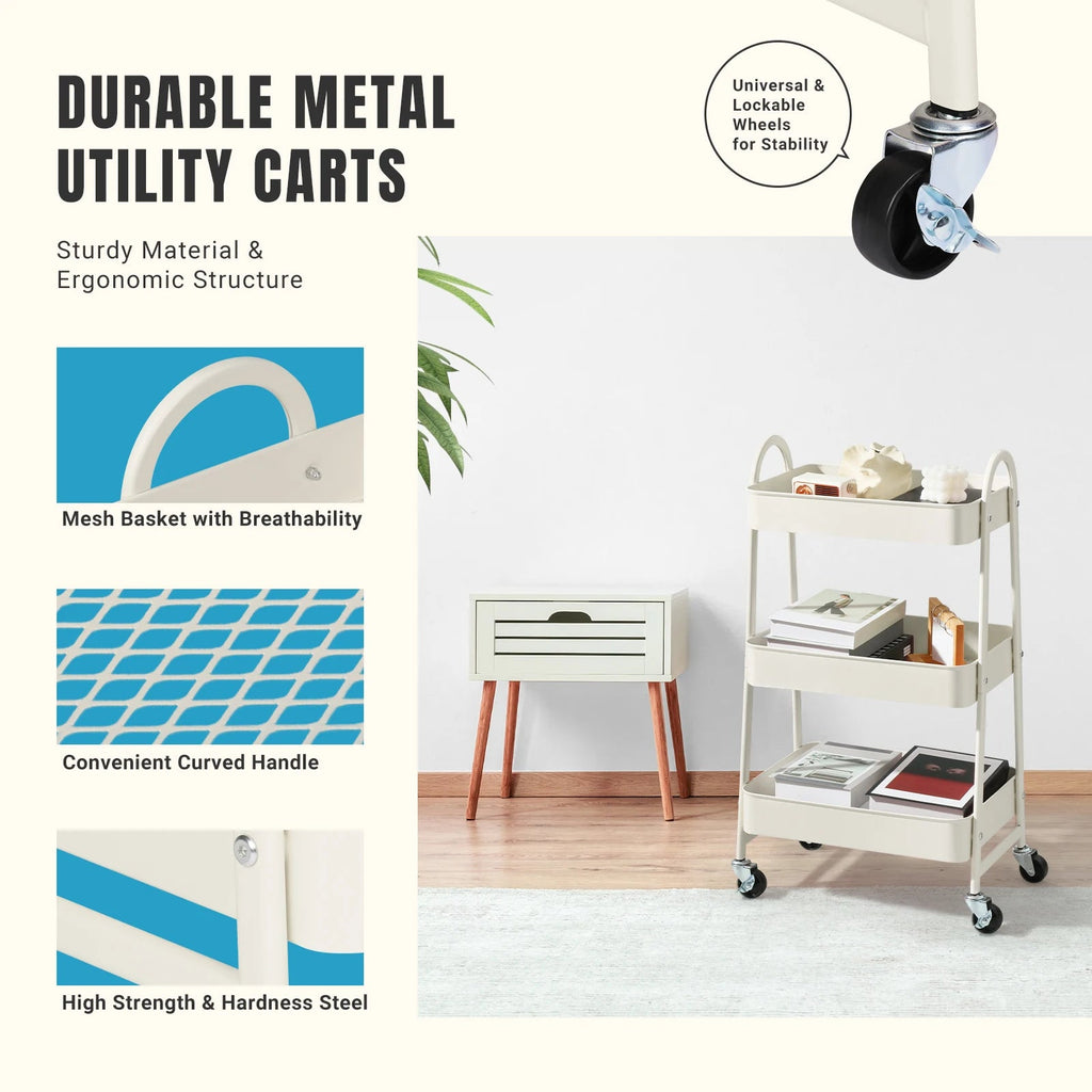 Metal rolling storage cart with lockable wheels