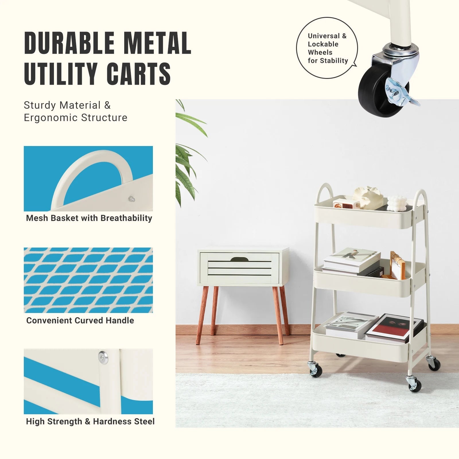 Metal rolling storage cart with lockable wheels