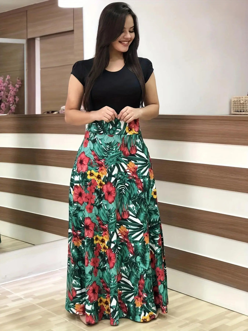 2024 European and American style flower print color matching short sleeved dress for women's large swing skirt TAVEN System LLC