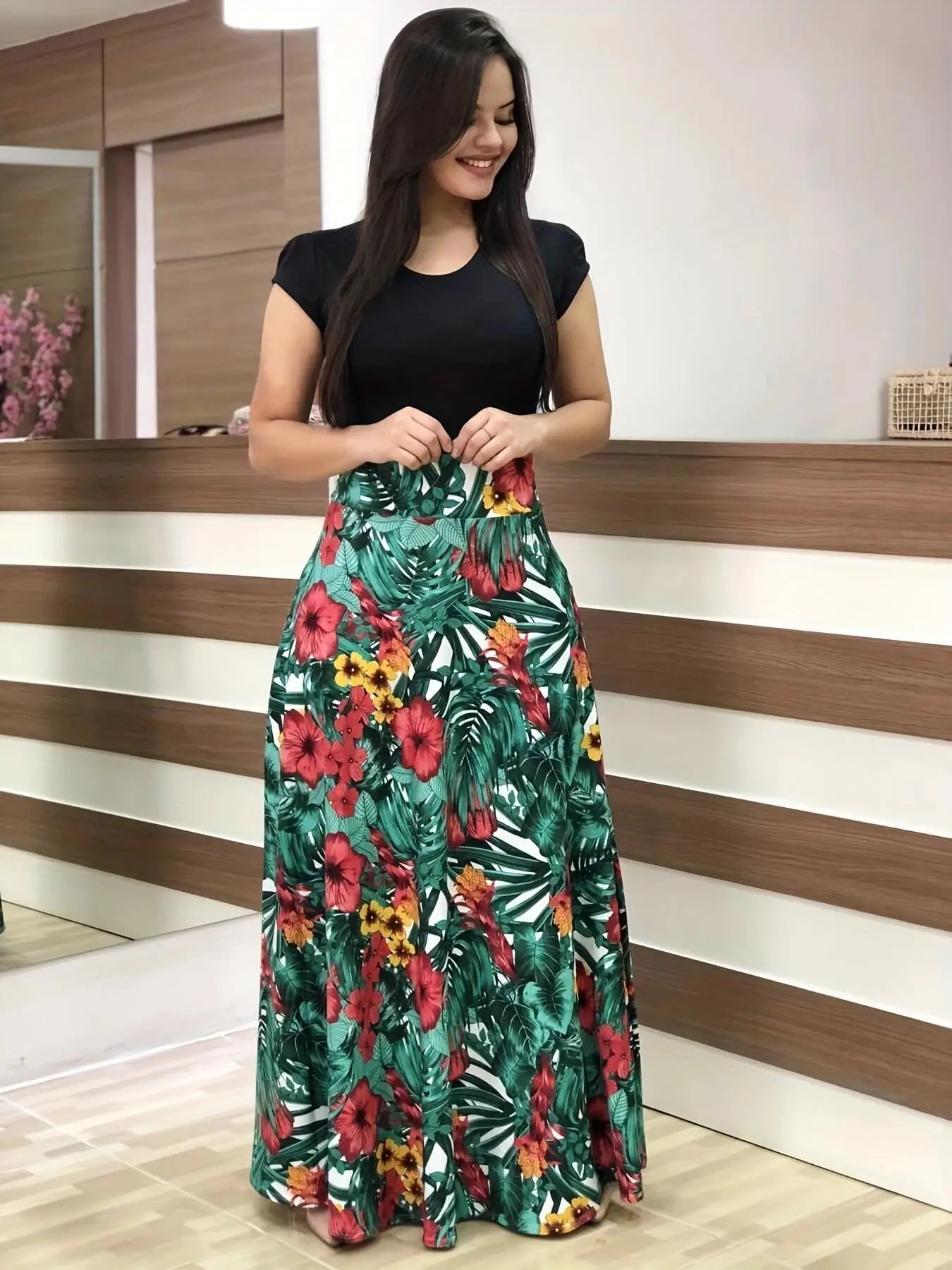 2024 European and American style flower print color matching short sleeved dress for women's large swing skirt TAVEN System LLC