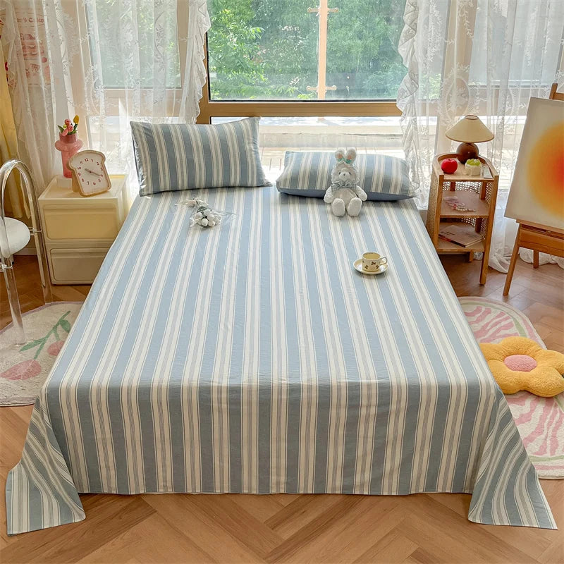 Japanese Style 100% Cotton Plaid Bed Sheet Soft Skin Friendly Flat Sheet or Sheet and Pillowcases Set Queen King Size Bedspreads TAVEN System LLC