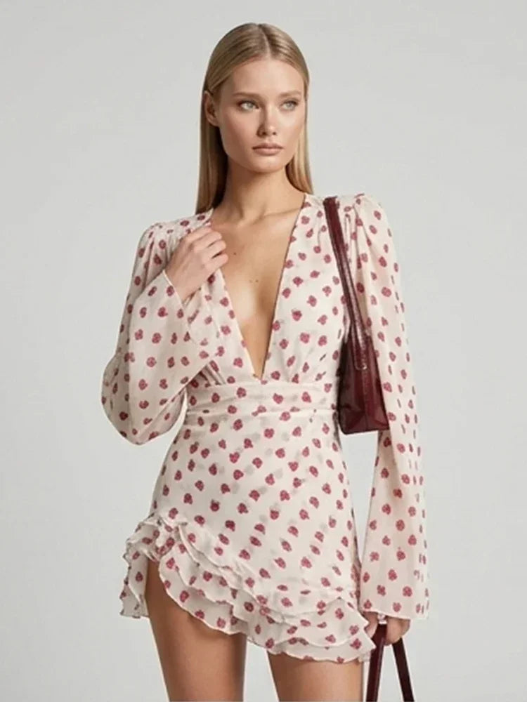 Women Elegant Printed Short Dress Chic V-neck Short Sleeve A-line Bodycon Mini Dresses 2026 Lady New Summer Vacation Street Robe TAVEN System LLC