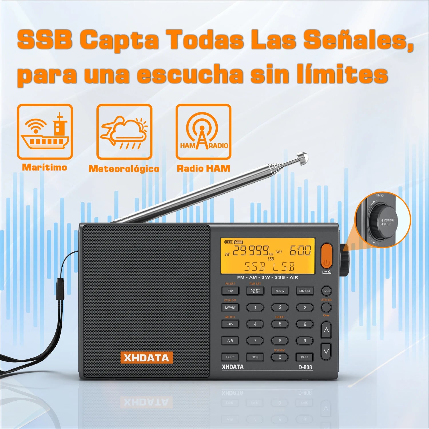 XHDATA D808 Portable Multiband Radio Receiver AM/FM/SW/MW SSB AIR RDS Stereo Sound Long Range Reception Rechargeable Battery TAVEN System LLC