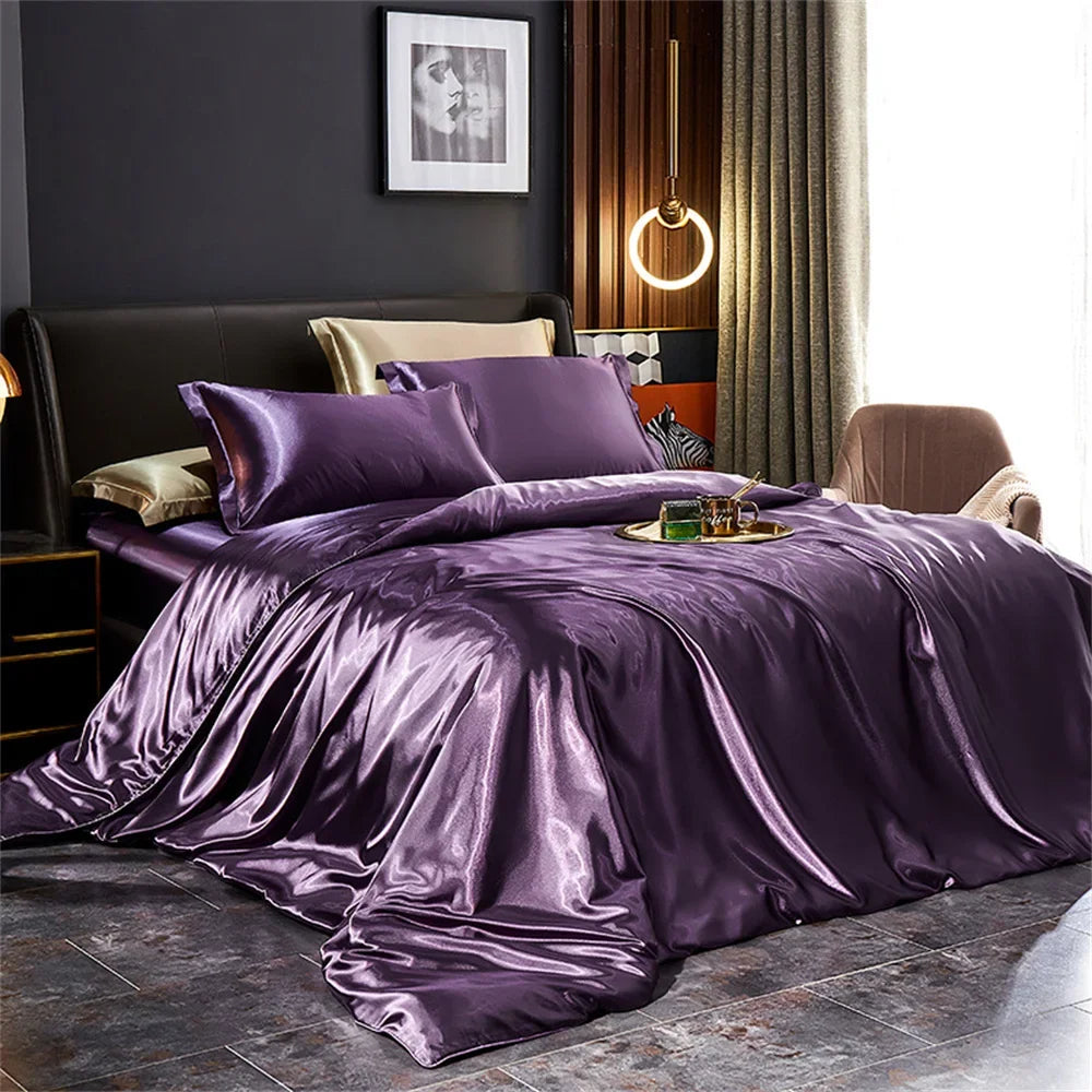 Solid Silk Bedding Set with Duvet Cover Bed Sheet Pillowcases Luxury Satin Single Double Bedsheet King Queen Twin Size TAVEN System LLC