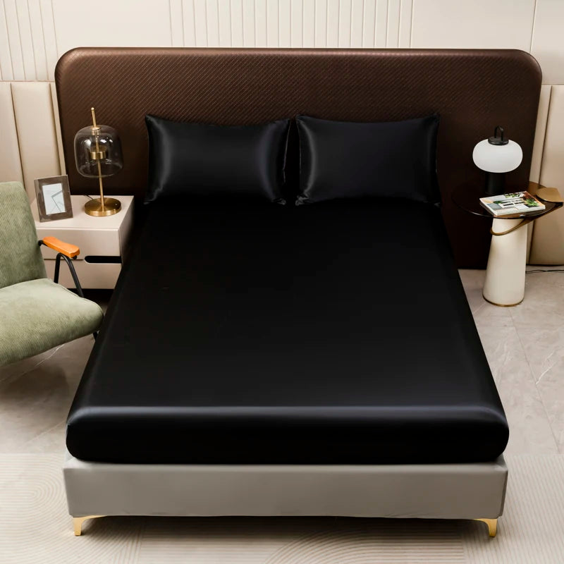 3Pcs Black Satin Fitted Sheet Solid Colour Twin Full Queen King Ice Silk Mattress Cover With Elastic Band Bed Sheet Pillowcases TAVEN System LLC